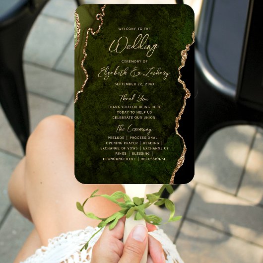 Olive Green Gold Agate Script Wedding Program Fächer
