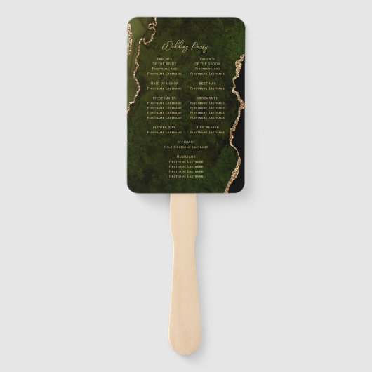 Olive Green Gold Agate Script Wedding Program Fächer (Rückseite)