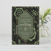 Olive Green & Gold Blumendetails & Hochzeiten Einladung (Stehend Vorderseite)