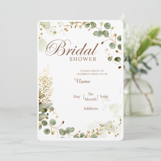 Ölive Green & Gold Botanisches Brautparty Einladun Einladung (Stehend Vorderseite)