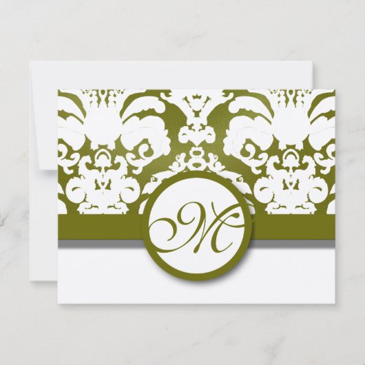 Olive Green & Gold Damask Wirbel Hochzeitsreaktion RSVP Karte (Vorderseite)