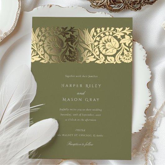 Olive Green Gold Floral Wedding Folieneinladung