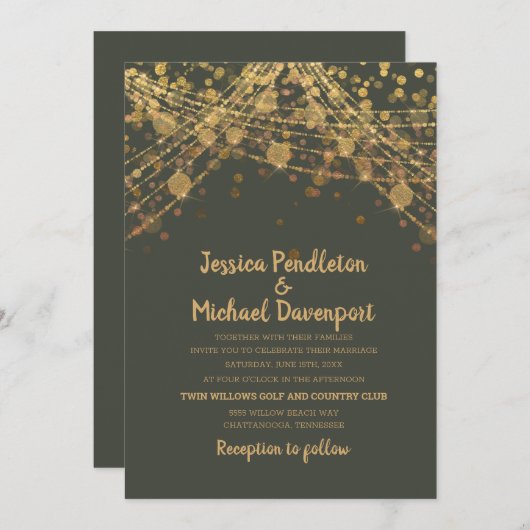 Olive Green Gold Glitzer String Lights Wedding Einladung (Vorne/Hinten)