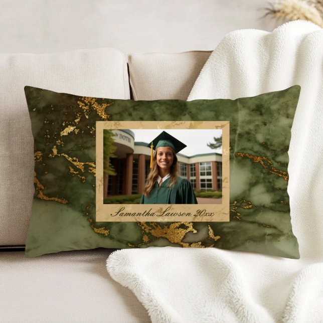 Olive Green Gold Marble Custom Graduation Photo Dekokissen (Von Creator hochgeladen)