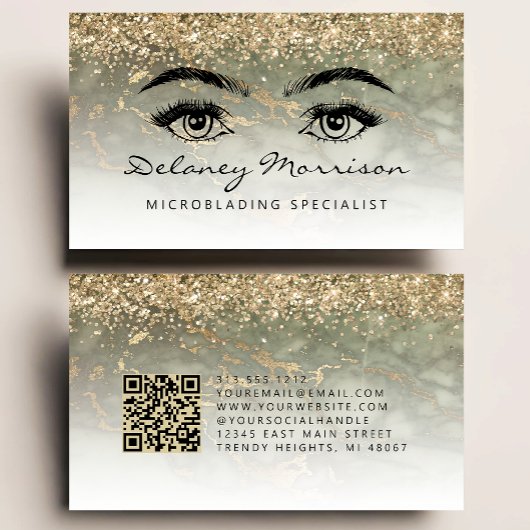 Olive Green Gold Marble Eyes QR Code Microblading Visitenkarte