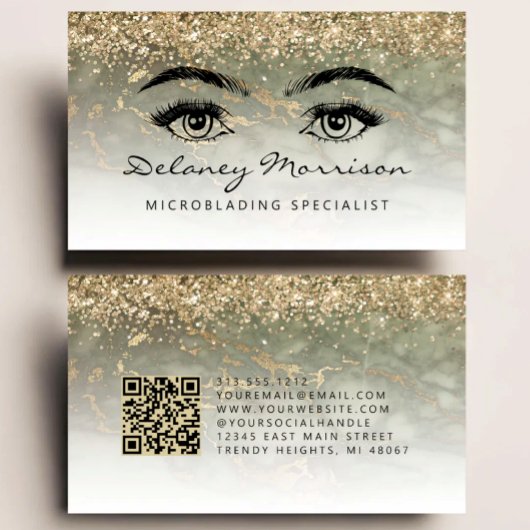 Olive Green Gold Marmor Augen QR Code Microblading Visitenkarte