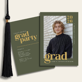 Olive Green Gold Modern Photo Graduation Party Einladung