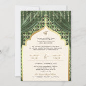 Olive Green Gold Quatrefoil QR Code Sikh Wedding Einladung (Vorderseite)