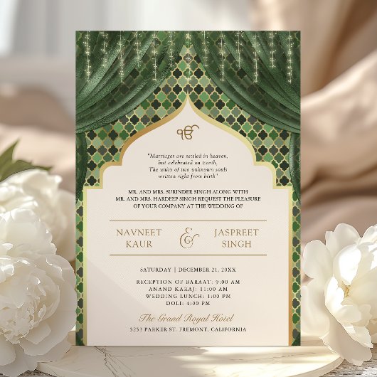 Olive Green Gold Quatrefoil QR Code Sikh Wedding Einladung