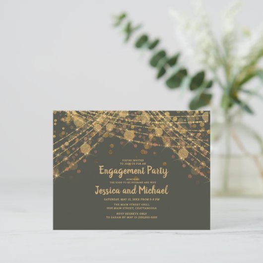 Olive Green Gold String Lights Engagement Party Postkarte (Stehend Vorderseite)