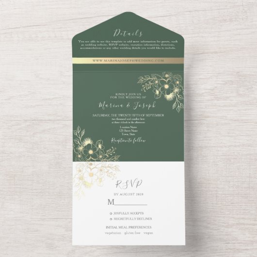 Olive Green Gold Wedding All In One Einladung (Innen Boden)