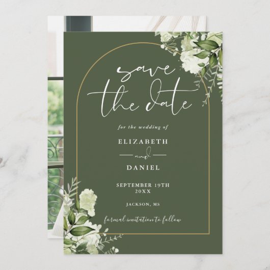 Olive Green Greenerity Gold Arch Foto Hochzeit Save The Date (Vorne/Hinten)