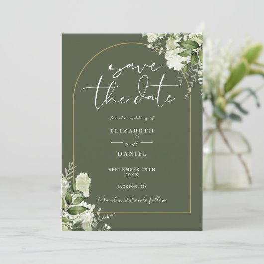 Olive Green Greenery Bloral Gold Arch Wedding Save The Date (Stehend Vorderseite)