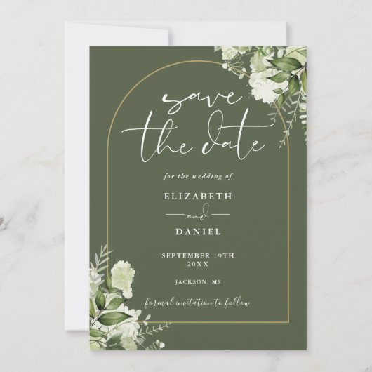 Olive Green Greenery Gold Arch QR Code Hochzeit Save The Date (Vorderseite)