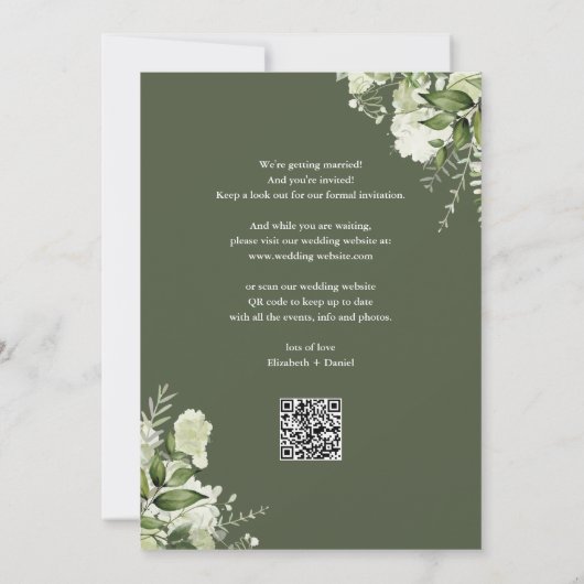 Olive Green Greenery Gold Arch QR Code Hochzeit Save The Date (Rückseite)