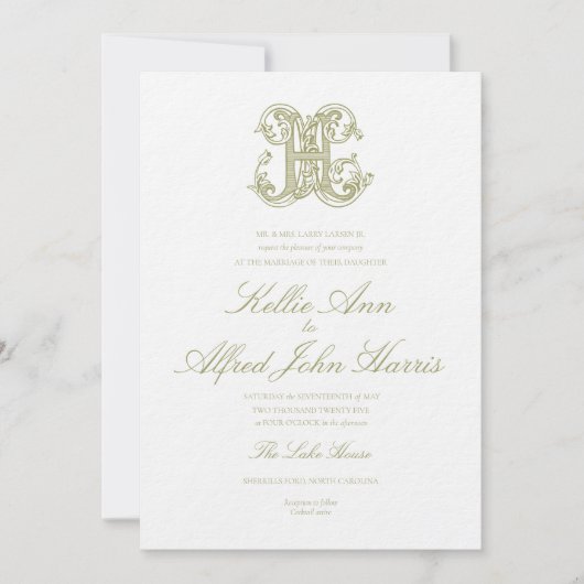 Olive Green "H" Monogram Wedding Invitation Einladung (Vorderseite)