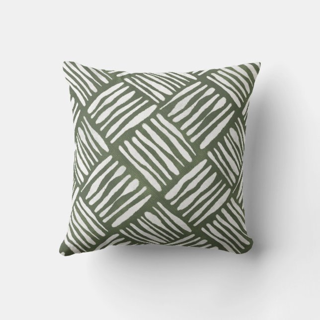 Olive Green Hand-Drawn Basket Weave Kissen (Rückseite)