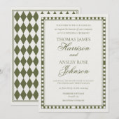Olive Green Harlequin Checkered Wedding Einladung (Vorne/Hinten)