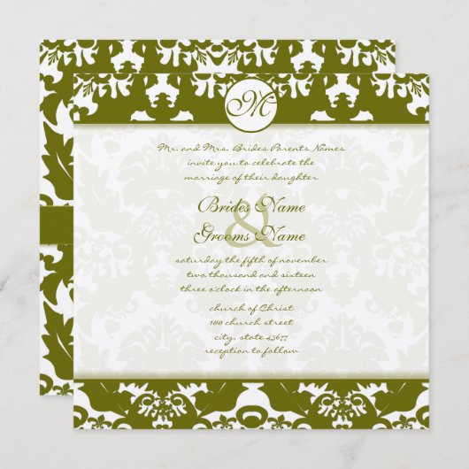 Olive Green Heart Damask Einladung zur Hochzeit (Vorne/Hinten)