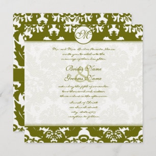 Olive Green Heart Damask Einladung zur Hochzeit