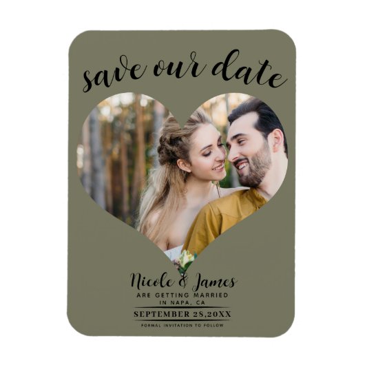 Olive Green Heart Foto Wedding Save the Date Magnet (Vertikal)