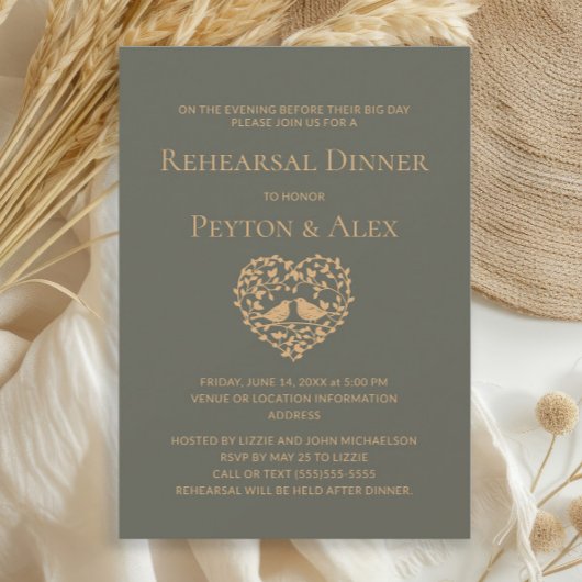 Olive Green Heart Love Birds Probe Dinner Einladung