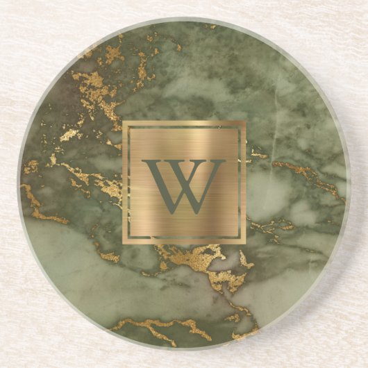 Olive Green Imitats Marble Gold Monogram Getränkeuntersetzer (Vorne)