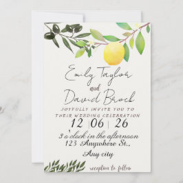 olive green leaf branch and Lemon wedding Einladung