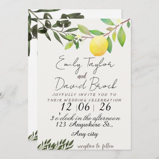 olive green leaf branch and Lemon wedding Einladung (Vorne/Hinten)