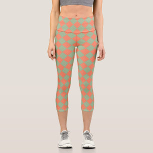 Olive Green Lmon Pink Schachbrett Diamant Muster Capri Leggings