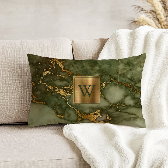 Olive Green Marble Imitate Gold Foil Monogram Dekokissen (Von Creator hochgeladen)