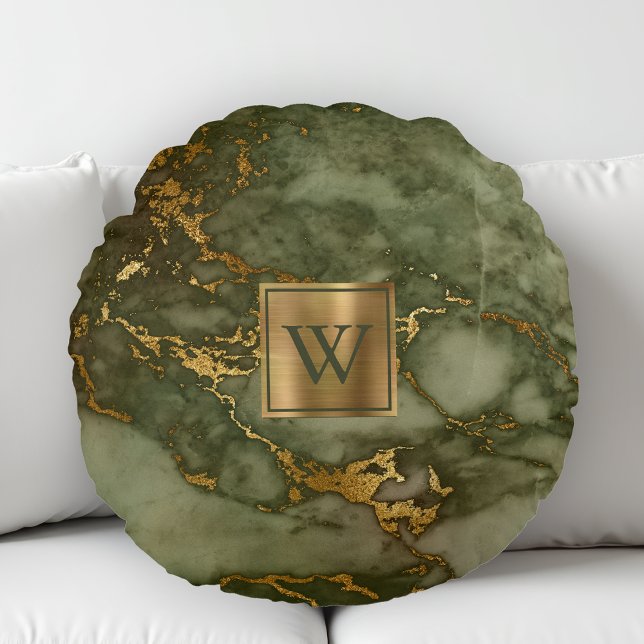 Olive Green Marble Imitate Gold Foil Monogram Rundes Kissen (Von Creator hochgeladen)