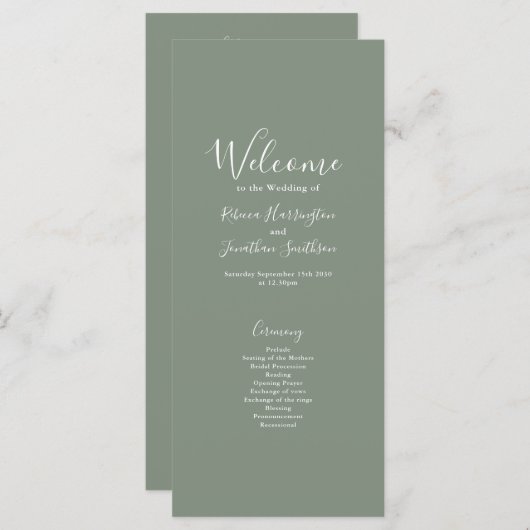 Olive Green Minimal Modern Wedding Program Card (Vorne/Hinten)