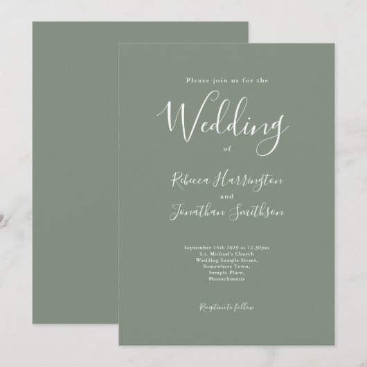 Olive Green Minimal Moderne Hochzeit Einladung (Vorne/Hinten)