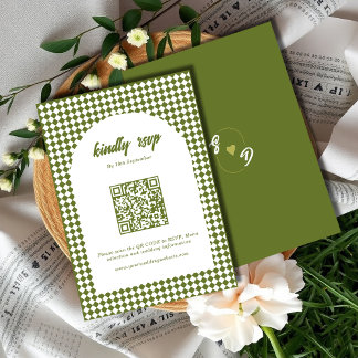 Olive green Minimalist Retro Checker Arch Wedding RSVP Karte