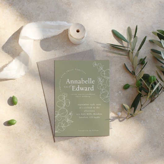 Olive Green Minimalistisch Botanical Wedding Einladung