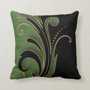 Olive Green mit Schwarz Florid Design Muster Kissen