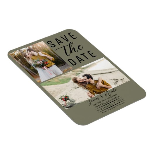 Olive Green Modern 2 Fotos Save the Date Hochzeit Magnet (Rechte Seite)