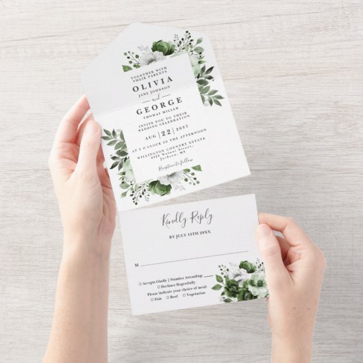 Olive Green Modern Botanical Floral Wedding All In One Einladung (Abreißen)
