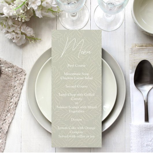 Olive Green Modern Minimalistische Hochzeitsmenü Menükarte
