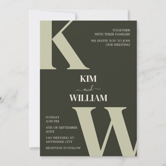 Olive Green Modern Monogram Wedding Einladung (Vorderseite)