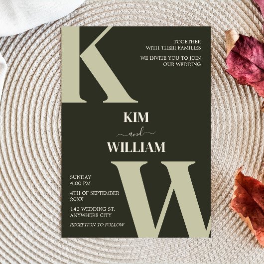 Olive Green Modern Monogram Wedding Einladung