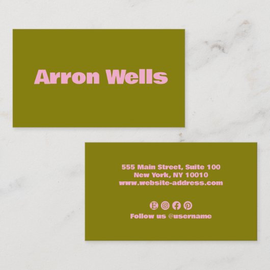 Olive Green Modern Pink Bold Typografy Visitenkarte (Vorne/Hinten)