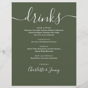 Olive Green Modern Script Wedding Drinks Menü