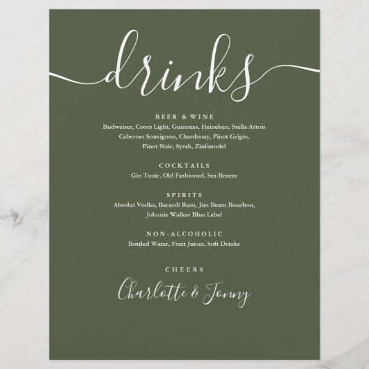 Olive Green Modern Script Wedding Drinks Menü (Vorne)