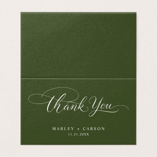 Olive Green Modern Script Wedding Folded Thank You (Außenseite Aufgefaltet)