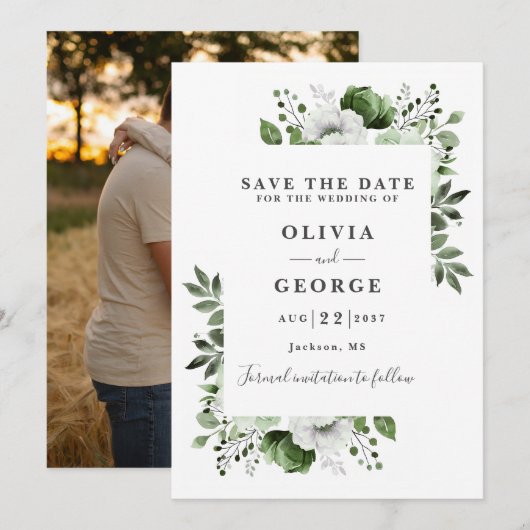 Olive Green Modern Watercolor Foto Hochzeit Save The Date (Vorne/Hinten)