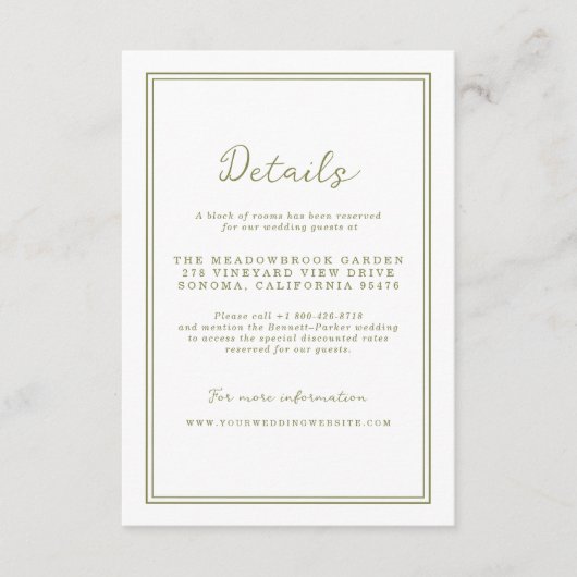 Olive Green Modern Wedding Details Card Begleitkarte (Vorderseite)