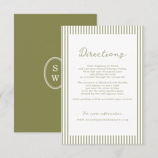 Olive Green Modern Wedding Directions Card Begleitkarte (Vorne/Hinten)