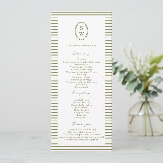Olive Green Modern Wedding Program Card Einladung (Stehend Vorderseite)